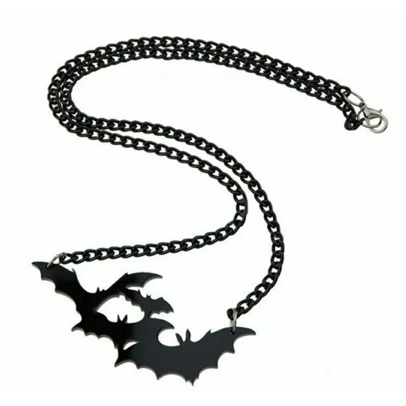 Bat Necklace Black Acrylic and Chain Goth - Picture 1 of 5